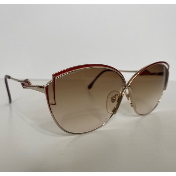 Yves Saint Laurent Vintage 80s Cat Eye Sunglasses Red Sparkle Enamel Gold Frame - Picture 3 of 16